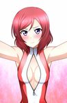  bare_shoulders blush breasts embarrassed front_zipper_swimsuit gradient gradient_background highres kenken looking_at_viewer love_live! love_live!_school_idol_project meme_attire nishikino_maki one-piece_swimsuit purple_eyes red_hair short_hair small_breasts solo swimsuit zipper 