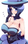  arm_behind_back bare_shoulders blue_eyes blue_hair breasts cleavage flying_sweatdrops gloves hat huge_breasts lesoir_(pokemon) nervous pokemon pokemon_(game) pokemon_xy short_hair solo tokyo_(great_akuta) 