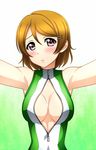  bare_shoulders blush breasts brown_hair front_zipper_swimsuit gradient gradient_background hair_ornament hairclip highres kenken koizumi_hanayo looking_at_viewer love_live! love_live!_school_idol_project medium_breasts meme_attire one-piece_swimsuit pink_eyes short_hair solo swimsuit zipper 