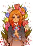  aikatsu! aikatsu!_(series) bad_id bad_pixiv_id bangs blazer blush bow brooch brown_hair flower hair_ribbon hands_together high_collar jacket jewelry long_hair long_sleeves looking_at_viewer neck_ribbon one_side_up oozora_akari parted_bangs petals pink_bow red_eyes ribbon rokuno side_ponytail sleeves_folded_up smile solo tulip upper_body white_background 