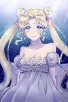  bad_id bad_pixiv_id bangs bare_shoulders bishoujo_senshi_sailor_moon blue_background blue_eyes detached_sleeves double_bun dress earrings gradient gradient_background hair_ornament hairclip jewelry light_smile long_hair looking_at_viewer parted_bangs pearl princess_serenity puffy_short_sleeves puffy_sleeves shainea short_sleeves signature solo strapless strapless_dress tears tsukino_usagi twintails white_dress 