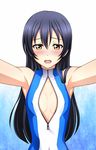  bare_shoulders blue_hair blush breasts flat_chest front_zipper_swimsuit gradient gradient_background highres kenken long_hair love_live! love_live!_school_idol_project meme_attire one-piece_swimsuit open_mouth small_breasts solo sonoda_umi swimsuit yellow_eyes zipper 