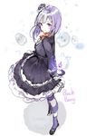  anmi arms_behind_back bangs black_dress blackberry_cookie blush brooch candle closed_mouth cookie_run crown dress frills jewelry lolita_fashion long_sleeves mini_crown personification purple_eyes purple_hair short_hair solo striped striped_legwear 