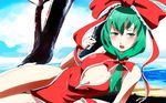  blue_sky blush bow breasts cleavage cloud day front_ponytail front_zipper_swimsuit green_eyes green_hair hair_bow highleg highleg_swimsuit kagiyama_hina large_breasts long_hair looking_at_viewer lying meme_attire on_side one-piece_swimsuit open_mouth red_swimsuit sinzan sky solo swimsuit touhou tree unzipped wallpaper 