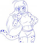  anthro big_breasts breasts cheetah clothed clothing feline female fur hair long_hair looking_at_viewer mammal mihari monochrome skidd smile solo spots tongue tongue_out 