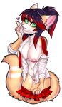  2015 anthro breasts clothing feline female green_eyes looking_at_viewer mammal nipples pussy red_highlights skirt smile solo uniform xenthyl 