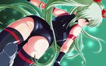  armband armor ass bangs bare_shoulders black_legwear blush braid breasts buckle cosplay cowboy_shot dutch_angle einhart_stratos expressionless fate_testarossa fate_testarossa_(cosplay) french_braid from_behind gloves glowing greaves green_hair hair_between_eyes hair_ribbon halterneck highres large_breasts leg_lift leotard light_particles long_hair looking_to_the_side lyrical_nanoha magical_girl mahou_shoujo_lyrical_nanoha_vivid miniskirt older outline pencil_skirt profile purple_eyes ribbon skirt solo tappa_(esperanza) thighhighs turtleneck upskirt very_long_hair 