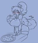  anthro big_breasts blush breasts canine clothed clothing dog eating eyes_closed female food fur hair huge_breasts kibbles long_hair mammal monochrome pizza skidd solo uberquest 