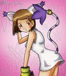  1girl blush brown_hair closed_mouth digimon digimon_adventure_02 digimon_adventure_zero_two headphones red_eyes short_hair socks solo tailmon yagami_hikari 