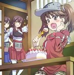  &gt;:) :o akagi_(kantai_collection) bangs black_legwear blush_stickers brown_eyes brown_hair cake drooling eating envy eyelashes food food_on_face foodgasm fork from_below fruit hakama_skirt hand_on_another's_shoulder hand_on_hip hand_on_own_cheek happy_birthday heart holding holding_fork indoors japanese_clothes kaga_(kantai_collection) kantai_collection kariginu long_hair long_sleeves magatama miniskirt multiple_girls muneate no_pupils open_mouth pleated_skirt ryuujou_(kantai_collection) side_ponytail sitting skirt smile sparkle standing strawberry sweatdrop swept_bangs table thighhighs twintails uousa-ou v-shaped_eyebrows visor_cap white_legwear 