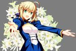  ahoge blonde_hair blush braids fate/stay_night fate_(series) flower green_eyes happy highres ribbon saber short_hair takeuchi_takashi 