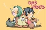  2boys chibi copyright_name green_hair monkey_d_luffy multiple_boys one_piece roronoa_zoro sleeping straw_hat thousand_sunny 