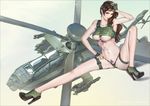  ah-64_apache aircraft amatiz bikini_bottom black_eyes breasts brown_hair crop_top earrings eyewear_on_head fingerless_gloves gloves helicopter high_heels highres jewelry large_breasts long_hair military nail_polish navel original sitting solo spread_legs tattoo thigh_strap underboob 