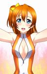  :d bare_shoulders blush bow breasts front_zipper_swimsuit gradient gradient_background highres kenken kousaka_honoka looking_at_viewer love_live! love_live!_school_idol_project meme_attire one-piece_swimsuit one_side_up open_mouth orange_hair short_hair small_breasts smile solo swimsuit yellow_bow zipper 