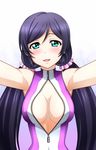  bare_shoulders blush breasts front_zipper_swimsuit gradient gradient_background green_eyes highres kenken large_breasts long_hair looking_at_viewer love_live! love_live!_school_idol_project meme_attire one-piece_swimsuit purple_hair solo swimsuit toujou_nozomi twintails zipper 