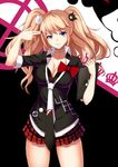  blue_eyes bow breasts choker cleavage danganronpa danganronpa_1 enoshima_junko finger_gun finger_gun_to_head grin hair_ornament highres large_breasts long_hair necktie pink_hair sleeves_rolled_up smile solo spoilers twintails vblue 