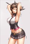  2015 armpits arms_up breasts brown_hair closed_eyes cowboy_shot dated gloves groin headgear kantai_collection large_breasts midriff miniskirt mutsu_(kantai_collection) navel pleated_skirt qingmingtongzi short_hair sideboob skirt solo stretch tears 