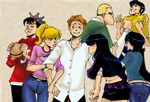  4boys ;p archie archie_andrews arm_grab ayablue22 bangs betty_cooper black_hair blonde_hair blue_eyes blunt_bangs closed_eyes crown eating eye_contact food freckles hamburger highres jughead_jones long_hair looking_at_another midge_klump midriff moose_mason multiple_boys multiple_girls one_eye_closed orange_hair ponytail reggie_mantle short_hair skirt sweater tongue tongue_out veronica_lodge 