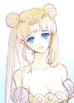  bad_id bad_pixiv_id bare_shoulders bishoujo_senshi_sailor_moon blonde_hair blue_eyes collarbone crescent double_bun dress earrings facial_mark forehead_mark hair_ornament hairclip head_tilt jewelry light_smile long_hair looking_at_viewer parted_lips princess_serenity shainea solo strapless strapless_dress tsukino_usagi twintails 