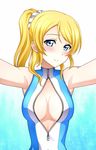  ayase_eli bare_shoulders blonde_hair blue_eyes blush breasts front_zipper_swimsuit gradient gradient_background highres kenken looking_at_viewer love_live! love_live!_school_idol_project medium_breasts meme_attire one-piece_swimsuit ponytail short_hair smile solo swimsuit zipper 