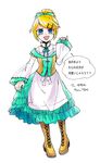  aku_no_musume_(vocaloid) apron aqua_dress artist_name blonde_hair blue_eyes blush boots commentary_request cosplay dress evillious_nendaiki gift_art hair_ornament hair_ribbon hairclip hatsune_miku hatsune_miku_(cosplay) kagamine_rin long_sleeves michaela_(evillious_nendaiki) ponytail ribbon riliane_lucifen_d'autriche rooomi short_hair solo translated updo vocaloid wide_sleeves 