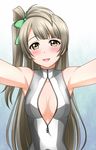  bare_shoulders blush breasts brown_eyes brown_hair cleavage cleavage_cutout front_zipper_swimsuit gradient gradient_background highres kenken long_hair looking_at_viewer love_live! love_live!_school_idol_project medium_breasts meme_attire minami_kotori one-piece_swimsuit one_side_up smile solo swimsuit zipper 