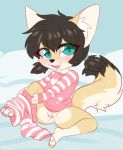  &lt;3 2018 anthro bed blush bottomless brown_hair canine claralaine clothed clothing cub digital_media_(artwork) female fennec fox fur green_eyes hair inner_ear_fluff inside kaelie looking_at_viewer mammal open_mouth pajamas partially_clothed pussy simple_background sitting smile solo spread_legs spreading teeth tongue undressing yellow_fur young 