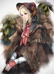  blonde_hair bloodborne bonnet cloak doll_joints expressionless flower green_eyes highres makimura_shunsuke plain_doll rose short_hair solo 