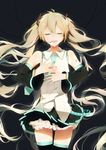  absurdres alternate_hair_color bad_id bad_pixiv_id black_skirt blonde_hair closed_eyes detached_sleeves hands_on_own_chest hatsune_miku headset highres lococo:p long_hair necktie skirt sleeveless smile solo thighhighs twintails very_long_hair vocaloid zettai_ryouiki 