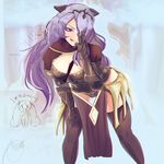  :q bent_over black_legwear breasts camilla_(fire_emblem_if) cleavage elise_(fire_emblem_if) fire_emblem fire_emblem_if gauntlets godsh0t hair_over_one_eye large_breasts looking_at_viewer multiple_girls naughty_face purple_eyes purple_hair solo_focus thighhighs tongue tongue_out translated 