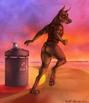  2015 adam_wan anthro ball balls bottle bottomless butt canine clothed clothing doberman dog fleki half-dressed male mammal shirt solo trash_can 