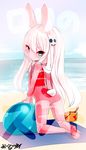  animal_ears ass ball barefoot beach beachball born-to-die bunny_ears from_behind green_eyes kneeling long_hair looking_back ocean one-piece_swimsuit original pink_hair pink_swimsuit solo swimsuit tail tail_through_clothes 
