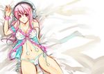  babydoll breasts cleavage headphones inabausa large_breasts lingerie long_hair looking_at_viewer lying midriff navel negligee nitroplus on_back on_bed panties pink_eyes pink_hair solo super_sonico underwear 