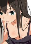  bangs breasts brown_hair camisole close-up collarbone downblouse earrings extended_downblouse green_eyes idolmaster idolmaster_cinderella_girls jewelry long_hair looking_at_viewer medium_breasts no_bra open_mouth saitoyu00 shibuya_rin shorts sleeveless solo 