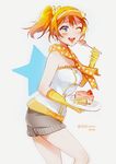  ;d alternate_hairstyle artist_name bare_shoulders blush bow cake eating elbow_gloves food fork fruit gloves hair_bow hair_ornament happy_birthday holding holding_fork holding_plate kousaka_honoka looking_at_viewer love_live! love_live!_school_idol_project one_eye_closed open_mouth plate polka_dot polka_dot_scarf scarf shirt shorts side_ponytail simple_background sleeveless sleeveless_shirt smile solo star strawberry text_focus tida_kietsungden visor_cap 