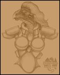  2003 anthro armor breasts bust clothed clothing dragon english_text female gem greyscale hair long_hair markie monochrome scalie sketch slit_pupils solo spikes text 