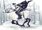  1boy alternate_costume belt boots cape earrings forest hat horse jewelry male male_focus nature one_piece riding roronoa_zoro running saddle sheathed_sword snow solo 