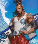  alternate_costume artist_request beard blue_eyes bracelet card_(medium) cedric_(chaos_online) chaos_online character_name cornrows cowboy_shot cross cross_necklace day earrings facial_hair facial_tattoo hand_on_hip highres jewelry lens_flare looking_at_viewer male_focus muscle necklace official_art outdoors parted_lips ring sky solo surfboard tank_top tattoo water waves 
