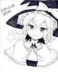  bow dated greyscale hat igakusei kirisame_marisa long_hair looking_at_viewer monochrome simple_background smile solo star touhou upper_body white_background witch_hat 