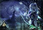  arrow beast bow_(weapon) bug dragon dragonfly fingerless_gloves full_moon gloves insect moon original ponytail quiver sky star_(sky) starry_sky tree untan_(nanathy) water weapon wings 