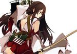  absurdres akagi_(kantai_collection) archery arm_up arrow bow_(weapon) breasts brown_eyes brown_hair hakama highres holding japanese_clothes kantai_collection kyuudou long_hair medium_breasts muneate open_clothes pleated_skirt quiver red_hakama scan shirokitsune simple_background skirt solo tasuki thighhighs torn_clothes very_long_hair weapon white_background white_legwear 