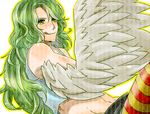 camisole donquixote_pirates feathered_wings green_eyes green_hair harpy monet_(one_piece) monster_girl one_piece shorts solo striped_legwear wings 