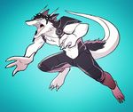  abs biceps black_fur black_hair blue_eyes claws clothing discordnight fur hair mammal muscles necklace pants pecs sergal solo standing tonedraven-nest 