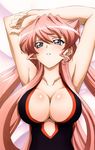 absurdres armpits arms_up artist_request blue_eyes breasts casual_one-piece_swimsuit cleavage highres large_breasts long_hair maria_cadenzavna_eve one-piece_swimsuit parted_lips pink_hair senki_zesshou_symphogear swimsuit upper_body 