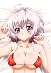  absurdres ahoge bangs bed_sheet blush breasts cleavage collarbone fingernails frown hair_ribbon highres large_breasts lavender_eyes lavender_hair long_hair looking_at_viewer low_twintails lying official_art on_back red_bikini_top ribbon senki_zesshou_symphogear shiny shiny_hair shiny_skin strap_gap string_bikini swimsuit twintails underboob upper_body wavy_mouth yukine_chris 