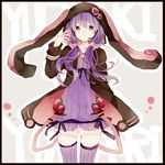  animal_ears animal_hood black_border border bunny_hood dress hair_ornament headset hood hooded_jacket jacket kaneko_aaru long_hair long_sleeves looking_at_viewer purple_dress purple_eyes purple_hair purple_legwear solo thighhighs twintails vocaloid voiceroid yuzuki_yukari 