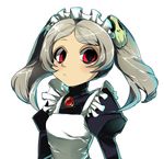  1girl apron bloody_marie_(skullgirls) female hair_ornament maid red_eyes silver_hair skull_hair_ornament skullgirls solo symbol-shaped_pupils twintails 