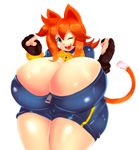  2015 animal_ears bell big_breasts bracelet breasts cat_ears cat_tail cleavage clothed clothing collar female fingerless_gloves fur gloves green_eyes hair huge_breasts human hyper hyper_breasts jewelry long_hair looking_at_viewer mammal matospectoru one_eye_closed orange_fur orange_hair plain_background smile solo teeth thick_thighs tight_clothing tongue white_background white_fur wide_hips 