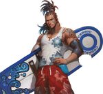  alternate_costume artist_request beard blue_eyes bracelet cedric_(chaos_online) chaos_online character_name cornrows cowboy_shot cross cross_necklace earrings facial_hair facial_tattoo hand_on_hip highres jewelry looking_at_viewer male_focus muscle necklace official_art parted_lips ring solo surfboard tank_top tattoo transparent_background 