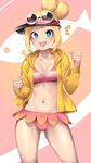  1girl :d bad_id bad_pixiv_id bikini bikini_skirt bikini_under_clothes blonde_hair blue_eyes blush breasts cleavage clenched_hands collarbone copella_(surechigai_fishing) cowboy_shot diagonal_stripes double_bun eyeshadow eyewear_on_head fish gradient gradient_background happy heart hood hood_down hoodie legs_apart long_sleeves looking_at_viewer makeup medium_breasts midriff navel open_clothes open_hoodie open_mouth pink_bikini sidelocks smile solo standing striped striped_bikini sunglasses surechigai_fishing swimsuit tied_hair visor_cap yana_(nekoarashi) 